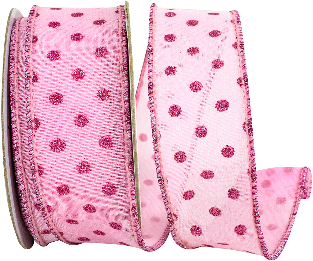 Pink Wired Edge Ribbon 1-1/2 Inch Mesh Glitter Dots