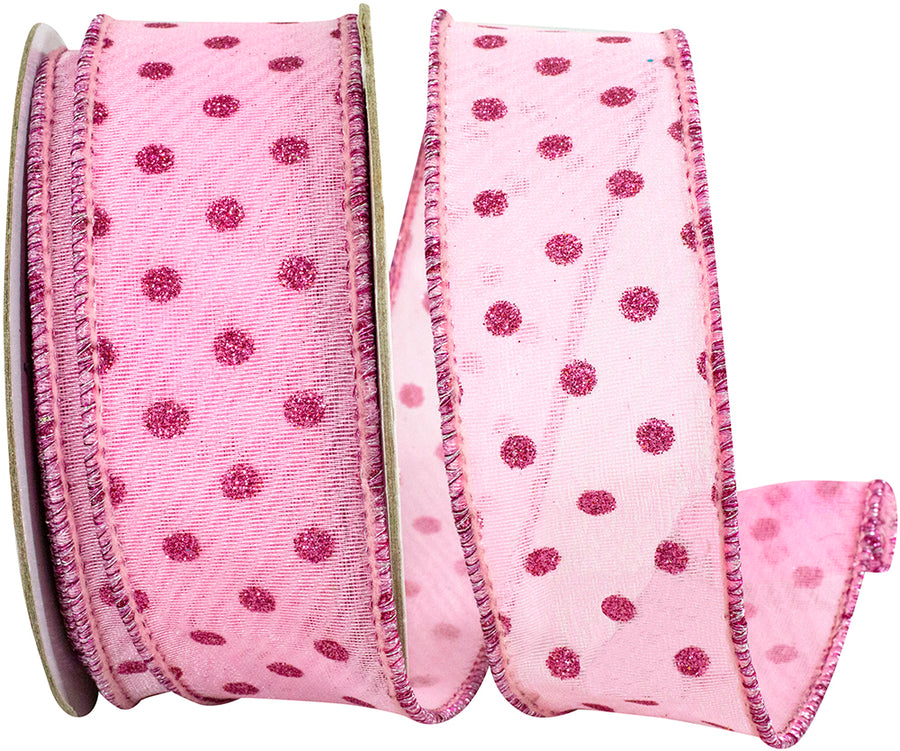 Pink Wired Edge Ribbon 1-1/2 Inch Mesh Glitter Dots
