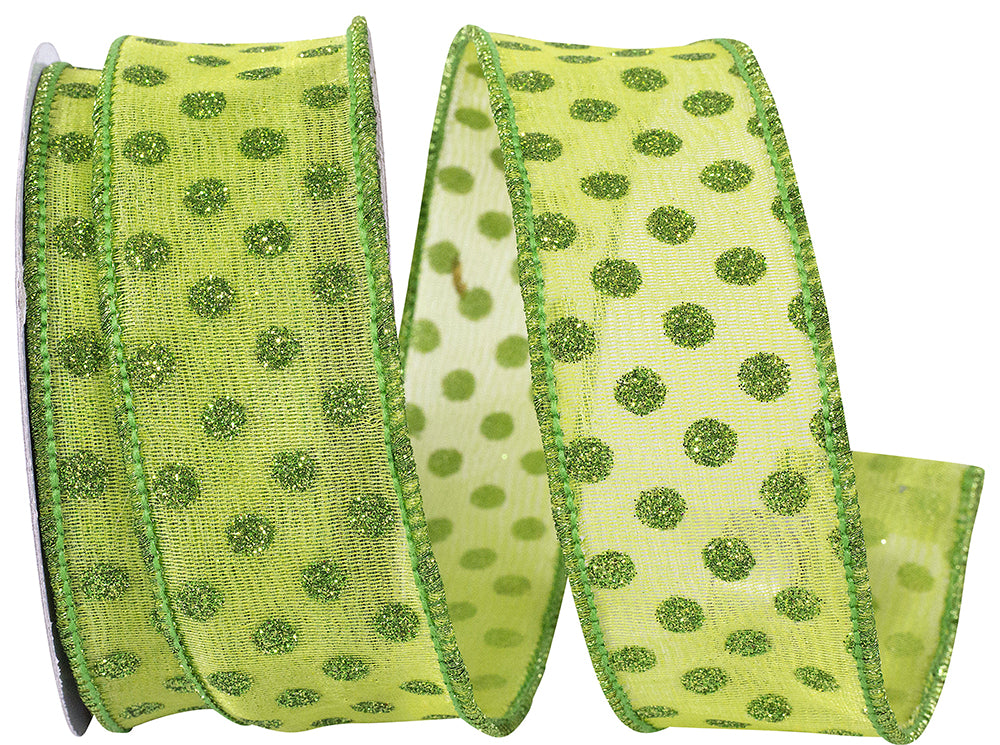 Green 1-1/2 Inch Mesh Glitter Dots Wired Edge Ribbon