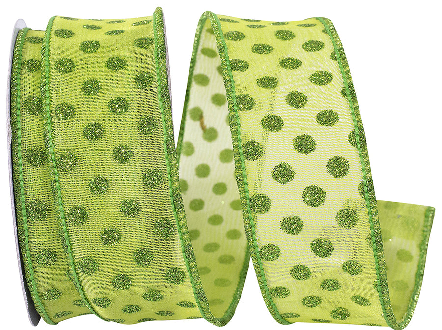 Green 1-1/2 Inch Mesh Glitter Dots Wired Edge Ribbon
