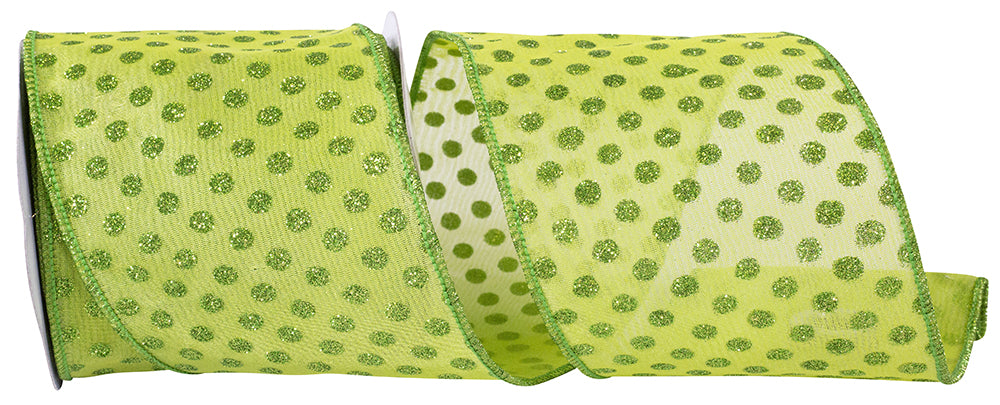 Green 4 Inch Wired Edge Glitter Dots Ribbon for Wreaths