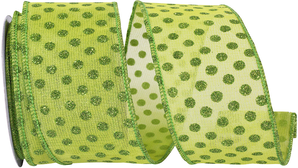 Green 2-1/2 Inch Mesh Glitter Dots Wired Edge Ribbon