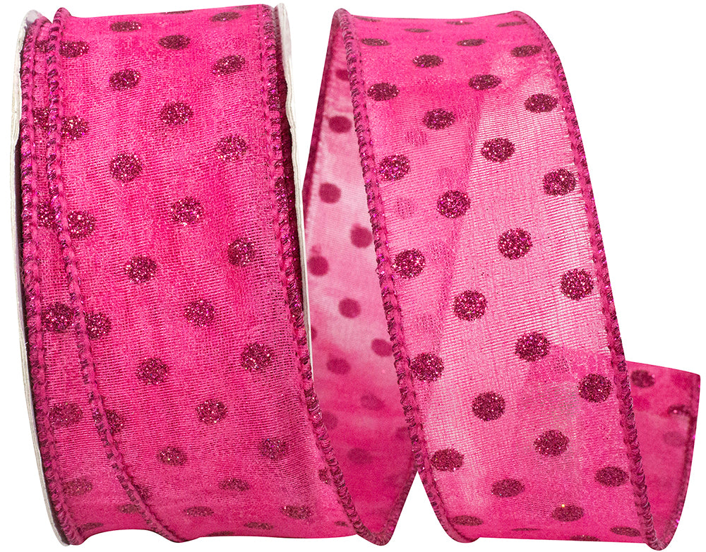 Hot Pink 1-1/2 Inch Mesh Glitter Dots Wired Edge Ribbon