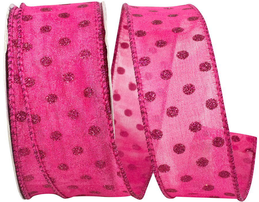 Hot Pink 1-1/2 Inch Mesh Glitter Dots Wired Edge Ribbon