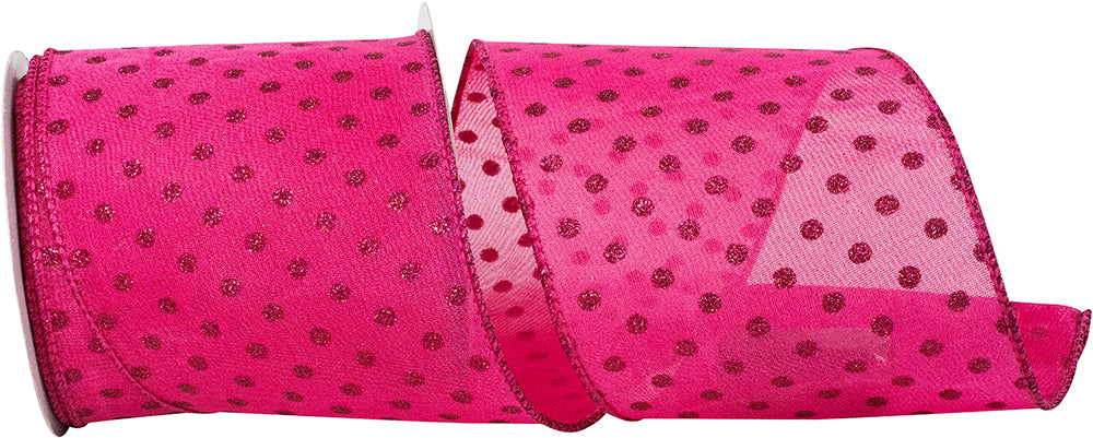 Hot Pink 4 Inch Glitter Dots Wired Edge Ribbon
