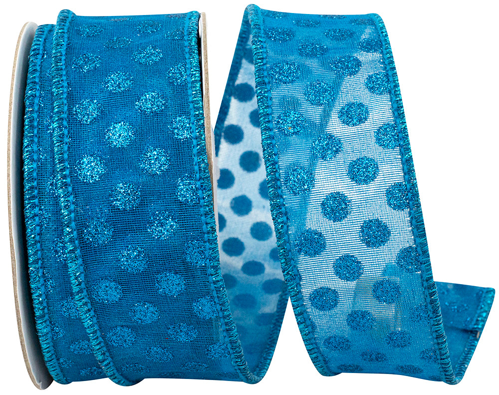Turquoise Wired Edge Glitter Dots Ribbon 1-1/2 Inch