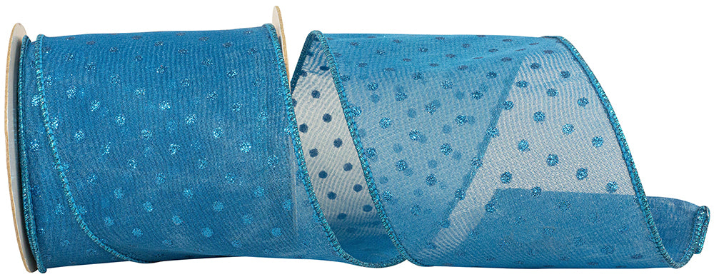 Turquoise Wired Edge Ribbon 4 Inch Mesh Glitter Dots