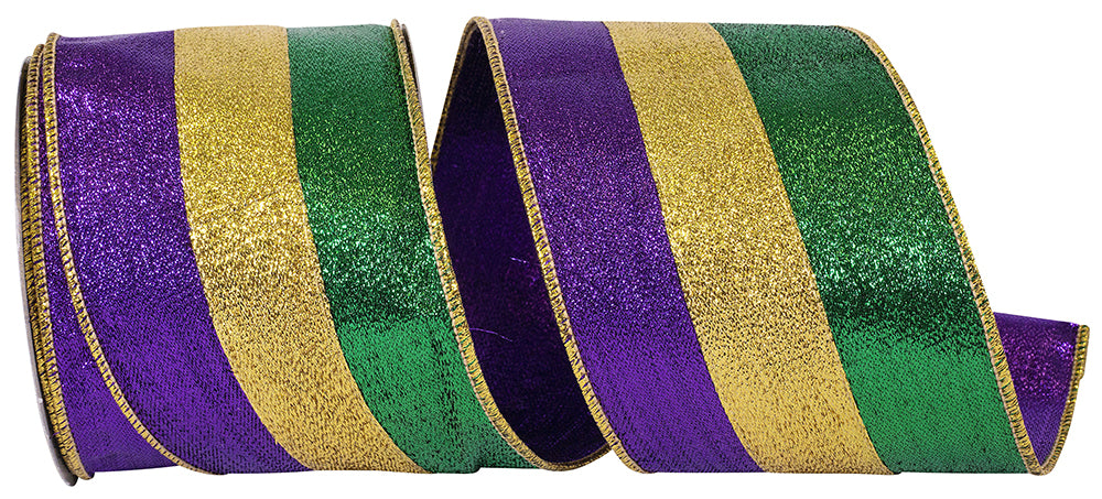 Mardi Gras 4 Inch Metallic Wired Edge Ribbon Purple Gold Green