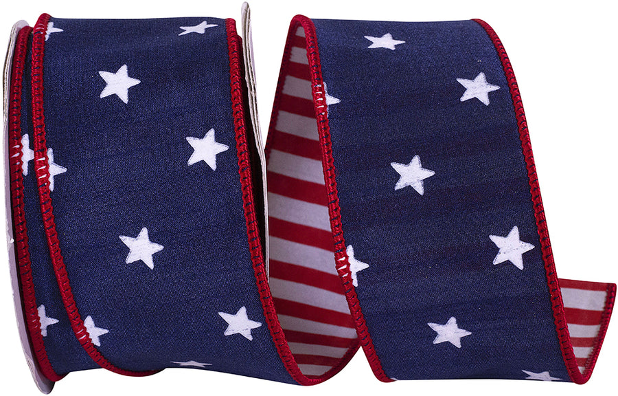 Navy Red 2-1 2 Inch Stars Dupioni Deluxe Striped Backing Wired Edge Ribbon for Wreaths & Bows