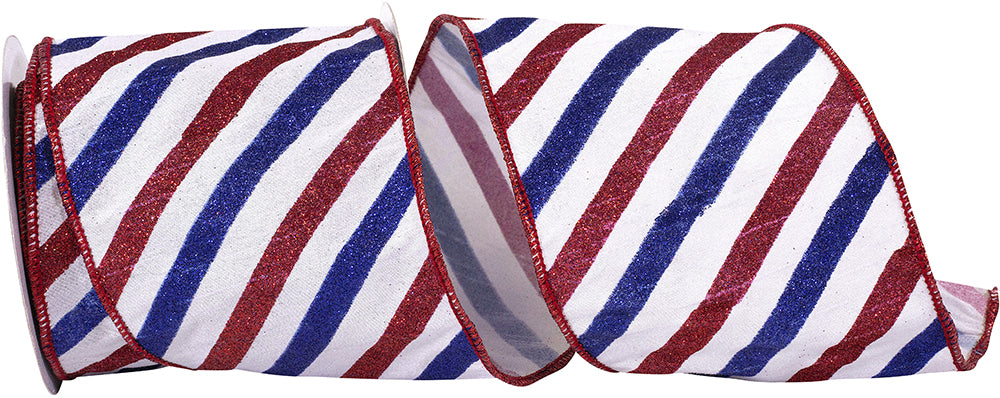 Patriotic Dupioni Ribbon 4 Inch Red White Blue Glitter Stripe