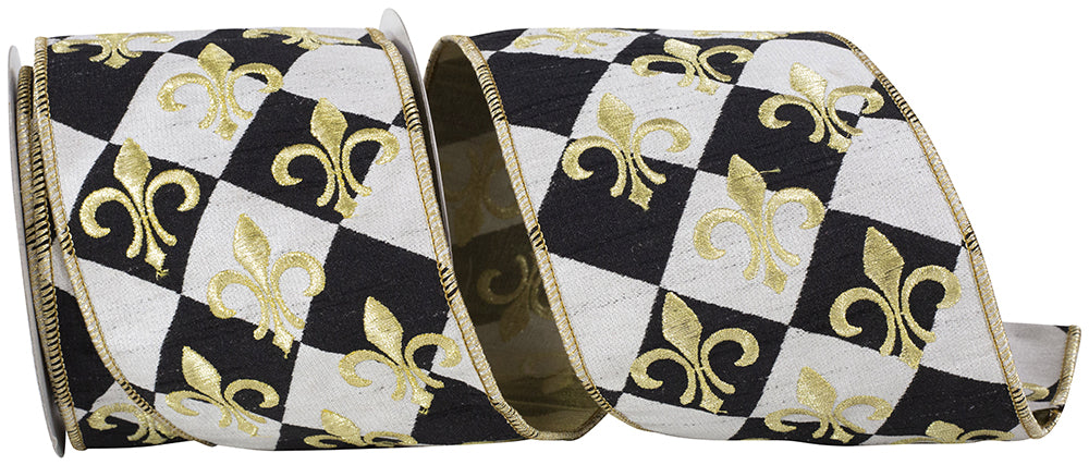 Black White 4 Inch Golden Fleur De Lis Harlequin Deluxe Meshed Back Wired Edge Ribbon for Wreaths & Bows