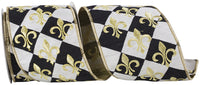 Black White 4 Inch Golden Fleur De Lis Harlequin Deluxe Meshed Back Wired Edge Ribbon for Wreaths & Bows