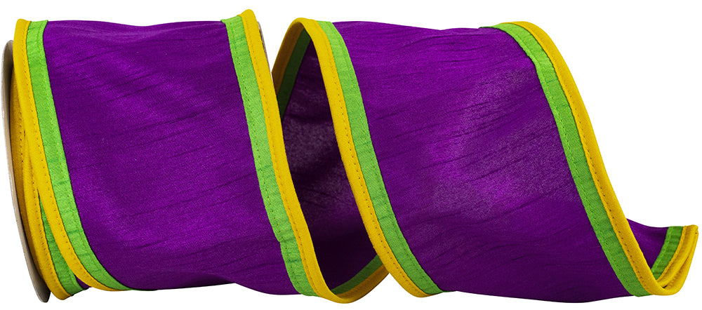 Purple Gold Green 4 Inch Mardi Gras Dupioni Piping Wired Edge Ribbon for Wreaths & Bows
