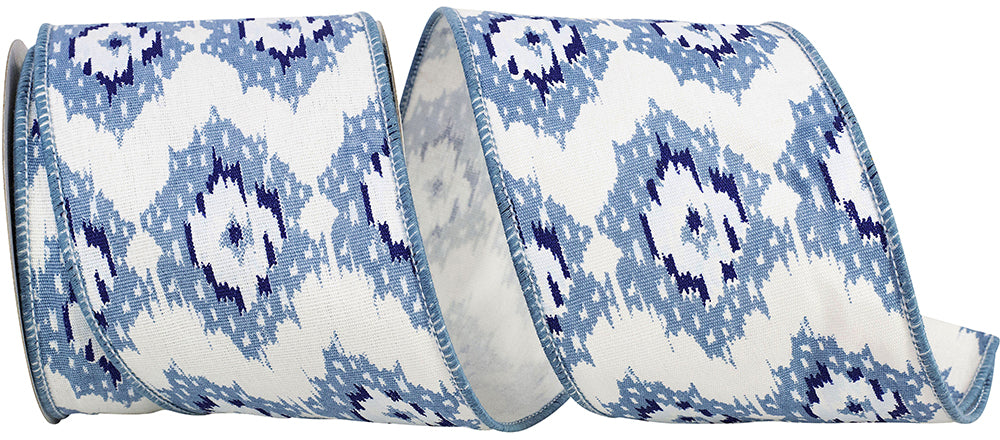 Ikat Canvas Wired Edge Ribbon 4 Inch White Blue 10 Yards