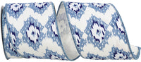 Ikat Canvas Wired Edge Ribbon 4 Inch White Blue 10Yds