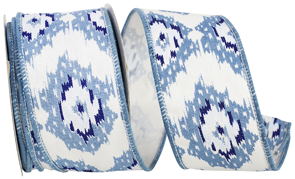 Ikat Canvas Wired Edge Ribbon White Blue 2-1/2 Inch