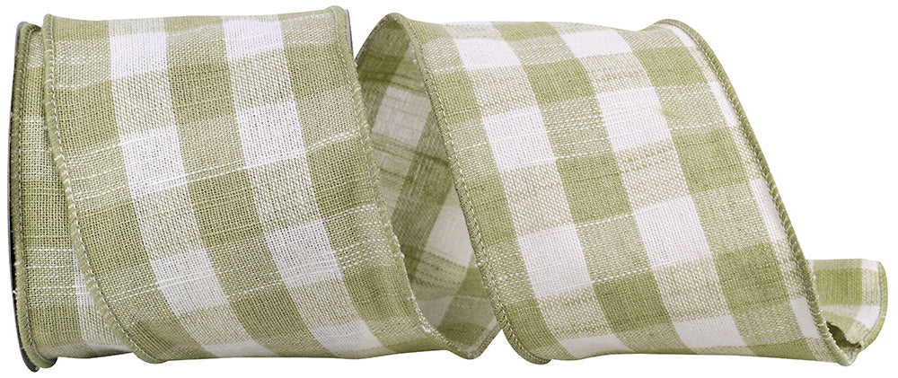 Sage Cotton Canvas Check Wired Edge Ribbon 4 Inch