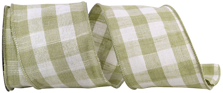 Sage Cotton Canvas Check Wired Edge Ribbon 4 Inch