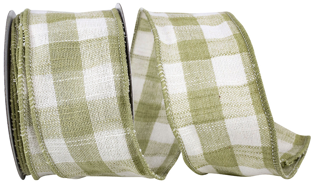 Sage Cotton Canvas Check Wired Edge Ribbon 2-1/2 Inch
