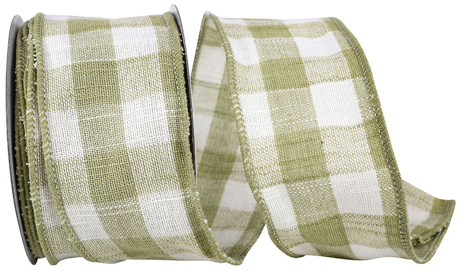 Sage Cotton Canvas Check Wired Edge Ribbon 2-1/2 Inch