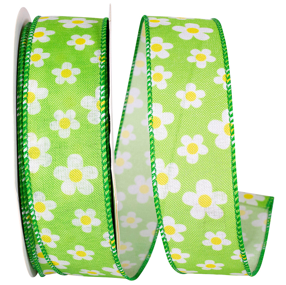 Lime 1-1 2 Inch Linen Tossed Daisies Wired Edge Ribbon for Wreaths & Bows