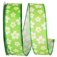 Lime 1-1 2 Inch Linen Tossed Daisies Wired Edge Ribbon for Wreaths & Bows