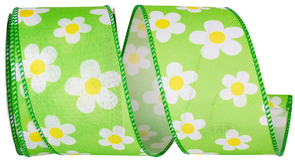 Lime 2-1 2 Inch Linen Tossed Daisies Wired Edge Ribbon for Wreaths & Bows