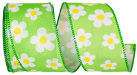 Lime 2-1 2 Inch Linen Tossed Daisies Wired Edge Ribbon for Wreaths & Bows