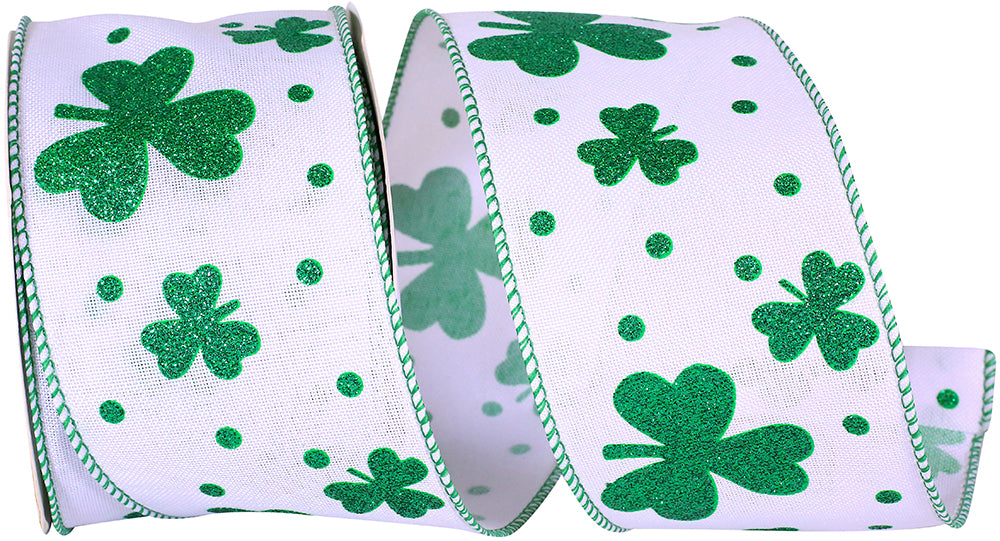 Clover Glitter Wired Edge Ribbon White Green 2-1/2 Inch