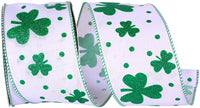 Clover Glitter Wired Edge Ribbon White Green 2-1/2 Inch