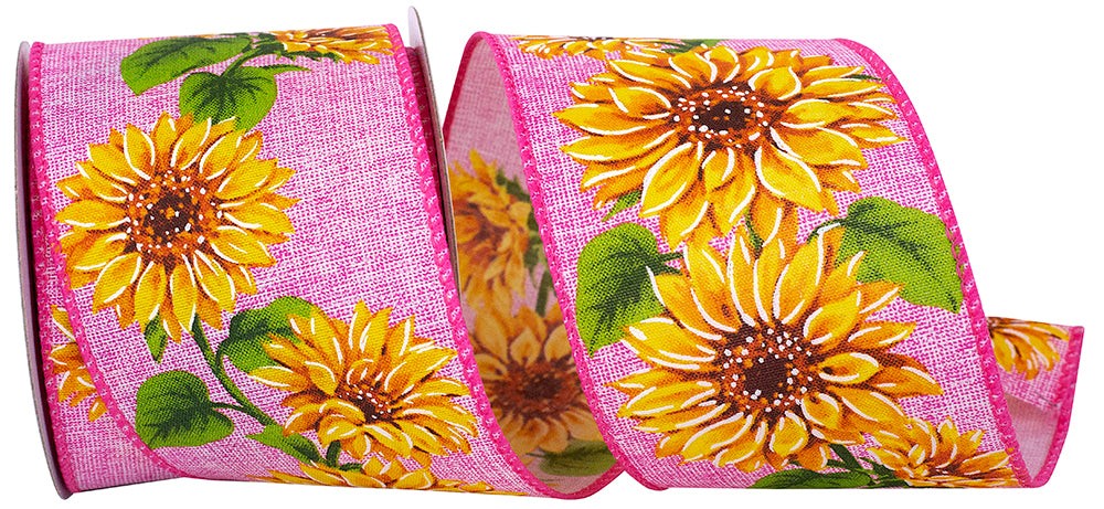 Pink 2-1 2 Inch Sunflower Vine Delight Wired Edge Ribbon for Wreaths & Bows
