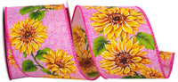 Pink 2-1 2 Inch Sunflower Vine Delight Wired Edge Ribbon for Wreaths & Bows