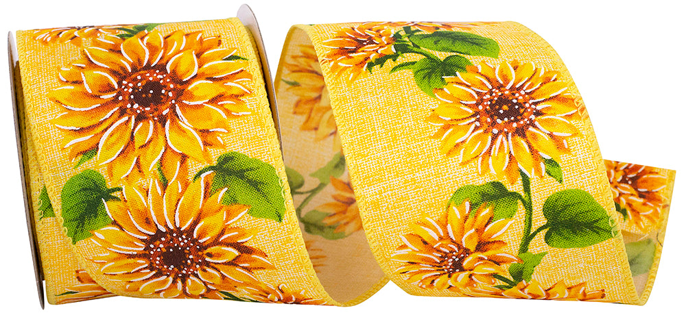 Yellow 2-1 2 Inch Sunflower Vine Delight Wired Edge Ribbon for Wreaths & Bows