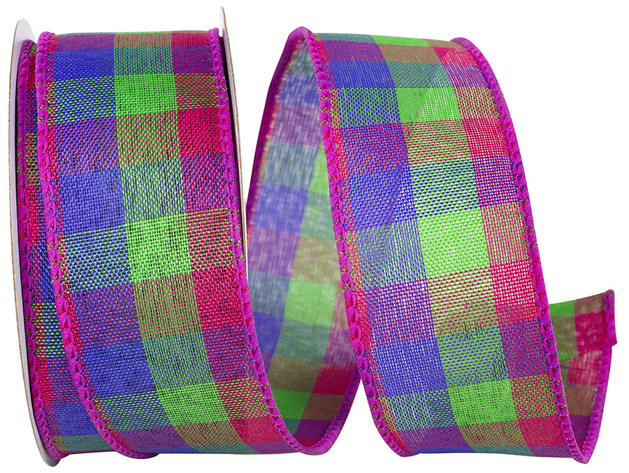 Op2 1-1 2 Inch Check Vibrance Wired Edge Ribbon for Wreaths & Bows
