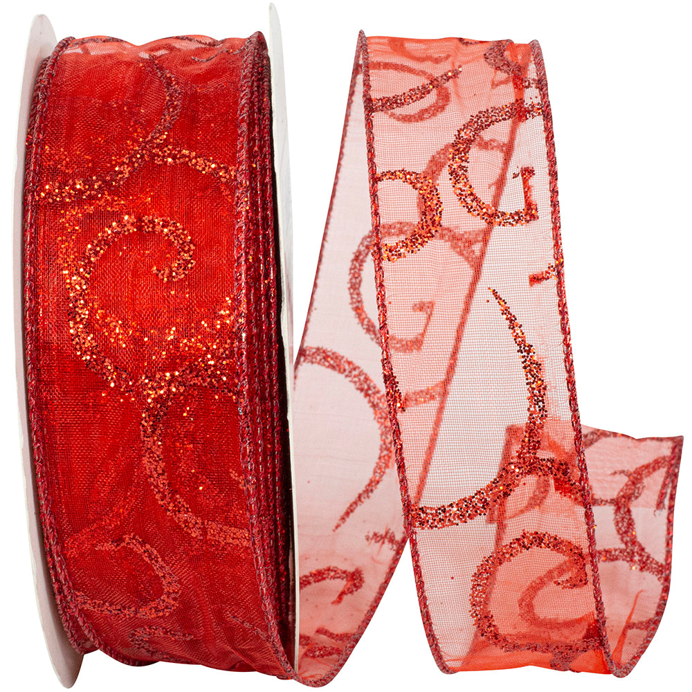 Red Sheer Wired Edge Ribbon 1-1/2 Inch Glitter Scroll