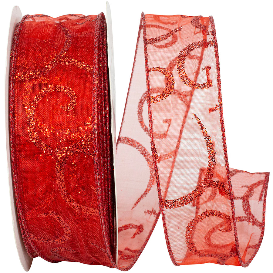 Red Sheer Wired Edge Ribbon 1-1/2 Inch Glitter Scroll