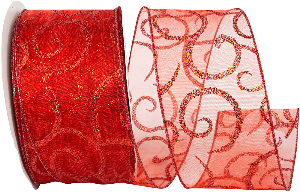 Red 2-1/2 Inch Sheer Wired Edge Glitter Ribbon