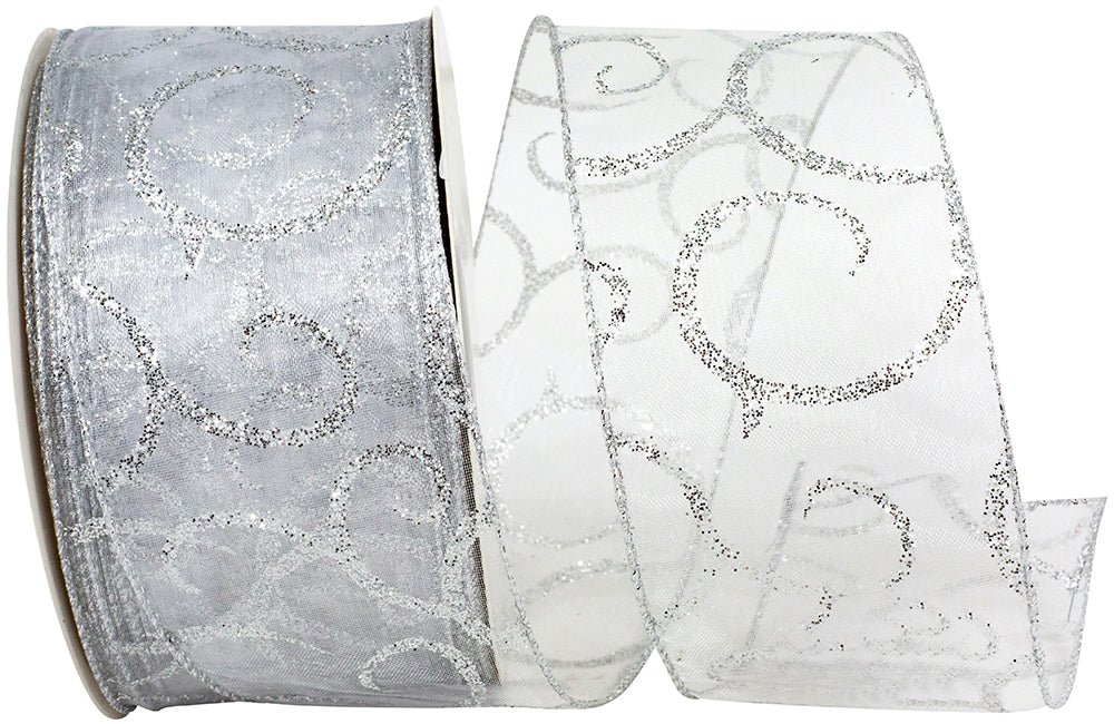 Silver Swirl Glitter Scroll Sheer Wired Edge Ribbon 2-1/2 Inch