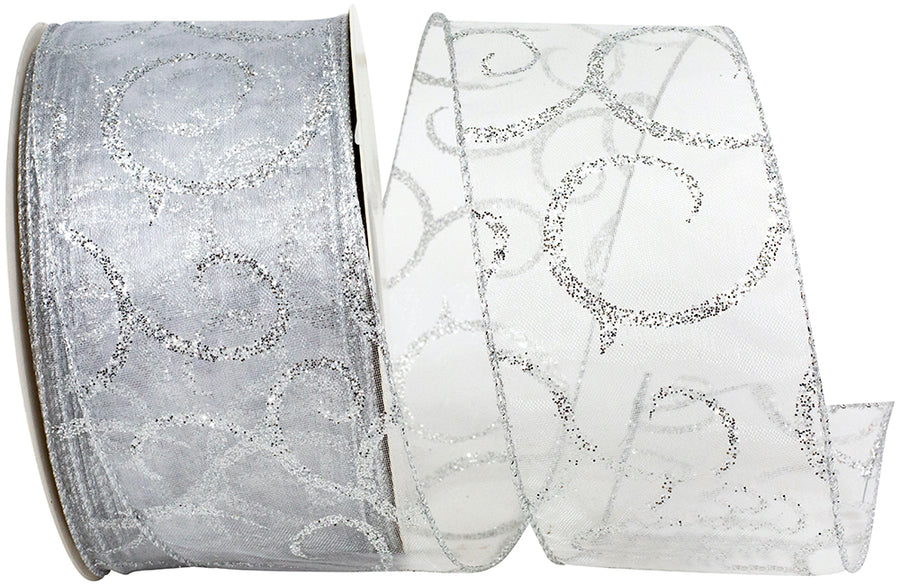 Silver Swirl Glitter Scroll Sheer Wired Edge Ribbon 2-1/2 Inch