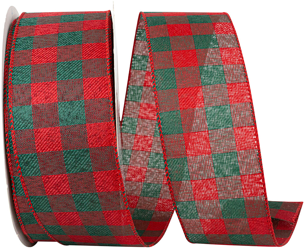 Red Green 2-1 2 Inch Traditional Christmas Check Wired Edge Ribbon for Wreaths & Bows