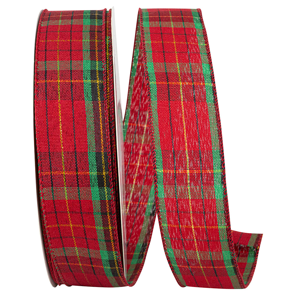 Tartan Plaid Wired Edge Ribbon Red Green 1-1/2 Inch 50 Yards