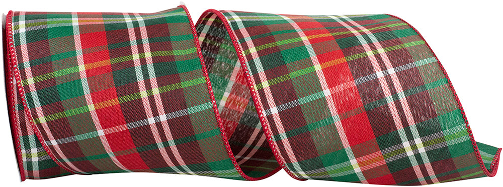 4 Inch Red Green Christmas Plaid Wired Edge Ribbon