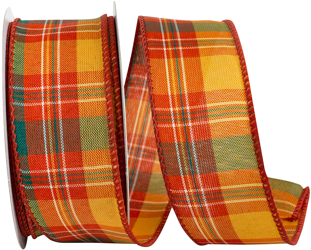 Plaid Tierra Wired Edge Ribbon Orange Green 1-1/2 Inch