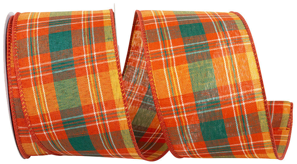 Plaid Tierra Wired Edge Ribbon Orange Green 2-1/2 Inch