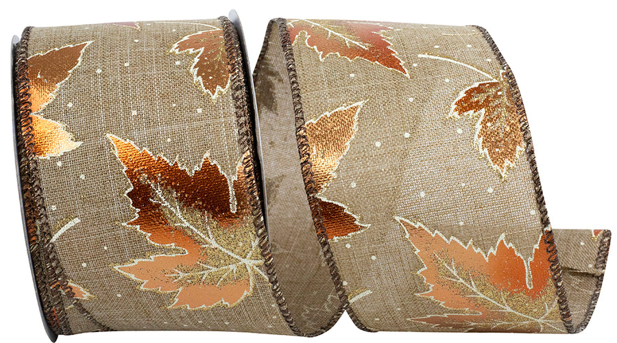 Natural Leaves Glitter Metallic Linen Wired Edge Ribbon 2-1/2 Inch