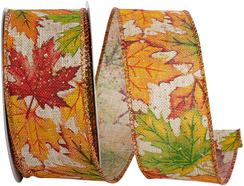 Natural 1-1 2 Inch Leaf Multi Color Linen Wired Edge Ribbon for Wreaths & Bows