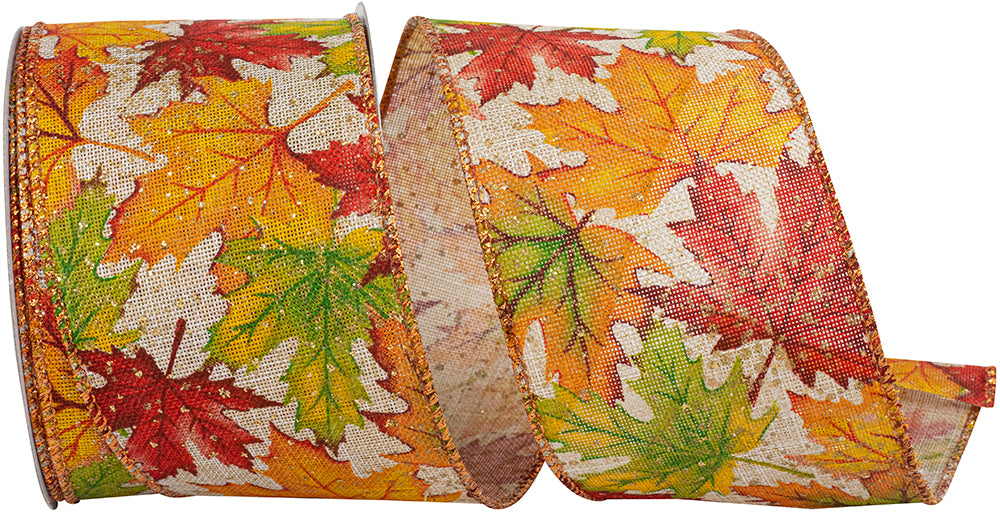 Natural 2-1 2 Inch Leaf Multi Color Linen Wired Edge Ribbon for Wreaths & Bows