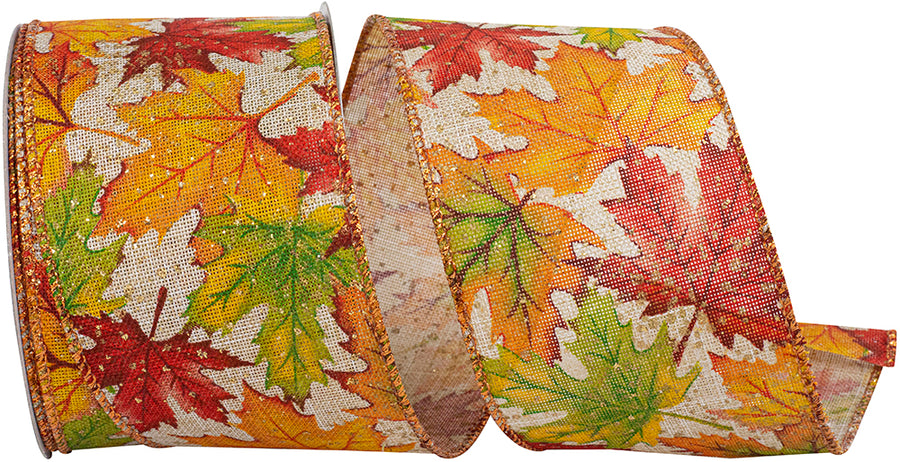 Natural 2-1 2 Inch Leaf Multi Color Linen Wired Edge Ribbon for Wreaths & Bows