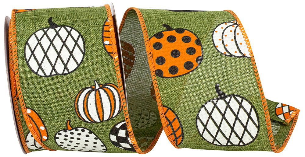 Moss 2-1 2 Inch Pumpkin Fun Linen Wired Edge Ribbon for Wreaths & Bows