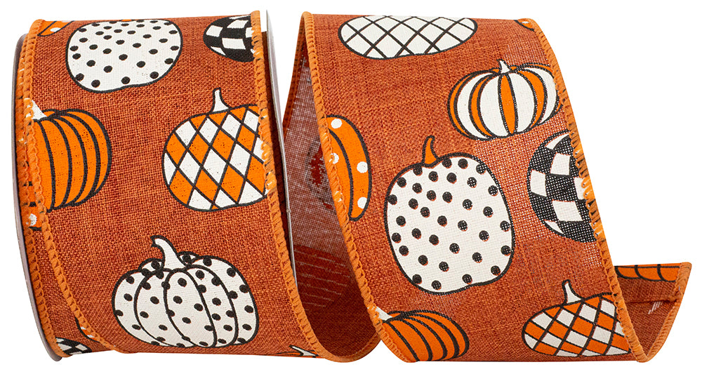Rust 2-1 2 Inch Pumpkin Fun Linen Wired Edge Ribbon for Wreaths & Bows